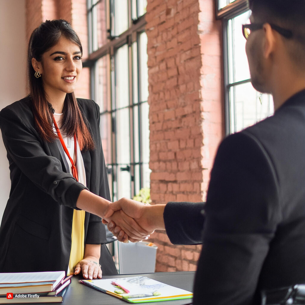 Firefly joyful recent graduate shaking hands with a mentor after a mock interview session, both with